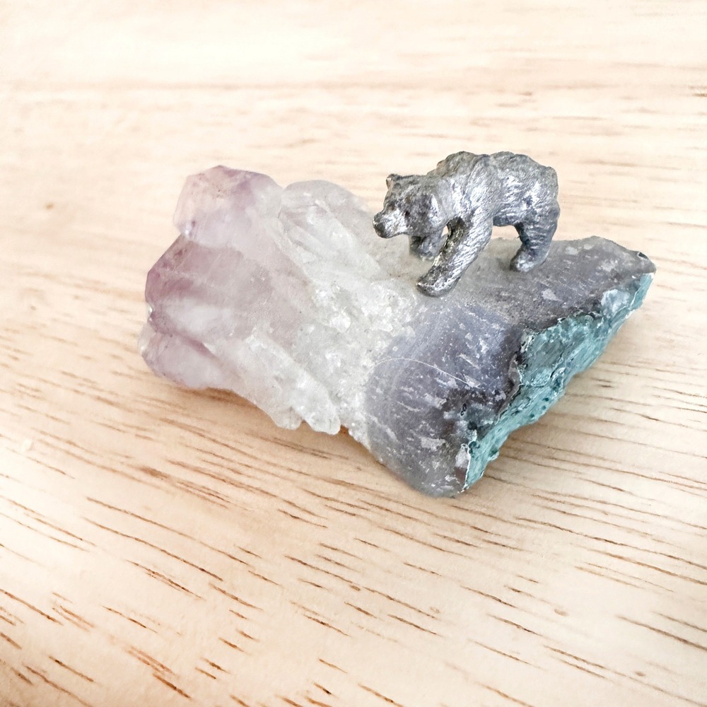 Polar Bear Pewter Figurine on Amethyst Crystal Cluster Miniature 1.75 Inch